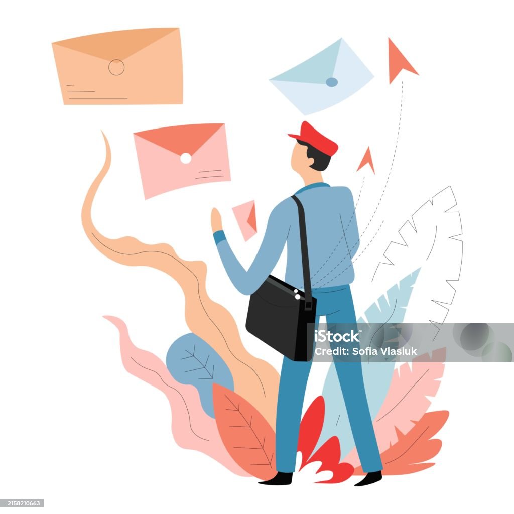 Postman Distributing Letters Delivery Mail And Post Mailman Or Postman Letters In Envelopes Stock ...