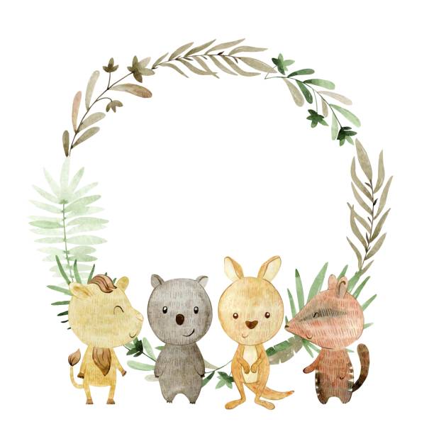 Watercolor australian frame. Baby shower card. Vector watercolor frame with australian animals. wombat stock illustrations