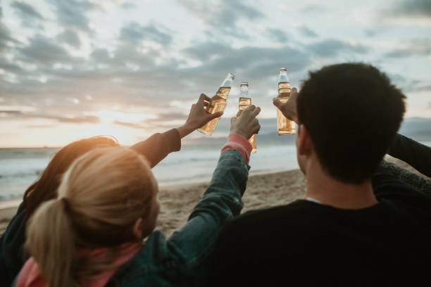 Happy friends toasting at the beach
