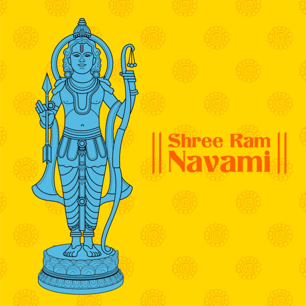 istock Lord Rama with bow arrow with Hindi text meaning Shree Ram Navami celebration background for religious holiday of India 2158214995