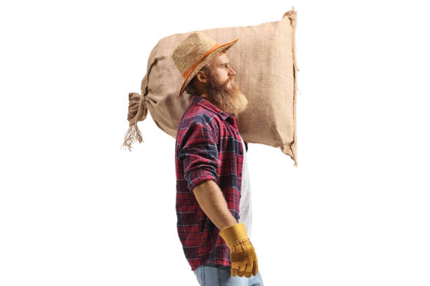 istock Bearded farmer carrying a sack on a shoulder and walking 2158216668
