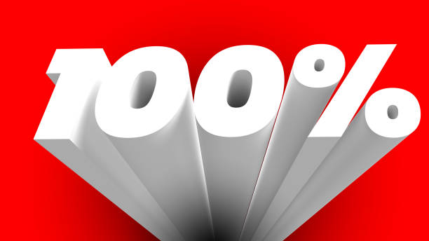 istock 100 percent sign. 3d letter. Red background. 2158216766