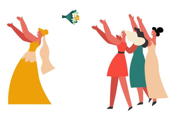 Wedding day, marriage ceremony, bride and bridesmaids, throwing bouquet Marriage ceremony, wedding day, bride and bridesmaids vector. Bridal ritual, girl in gown and veil throwing bouquet to girlfriends. Party and celebration, female characters and flowers catching bride holding bouquet stock illustrations