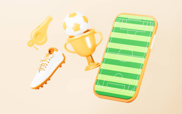 istock Cartoon football boots, whistle, trophy and mobile phone, 3d rendering. 2158220551