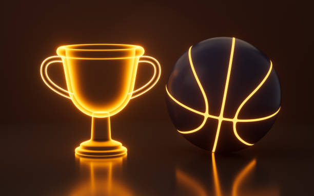 Glowing basketball and trophy , sports concept, 3d rendering. 3d illustration.