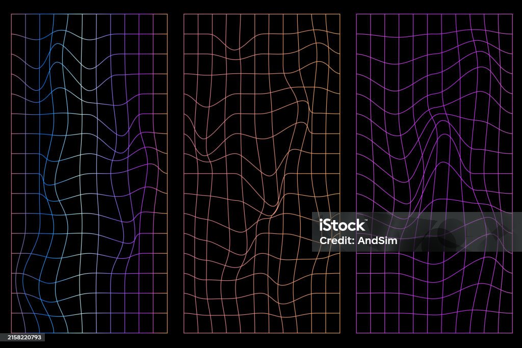 Distorted Neon Grid Patterns Geometry Wireframe Line Set Synthwave ...