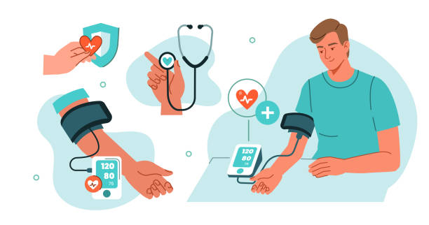 blood pressure Man with hypertension checking heart health with blood pressure monitor at home. Vector illustration. cardiologist stock illustrations