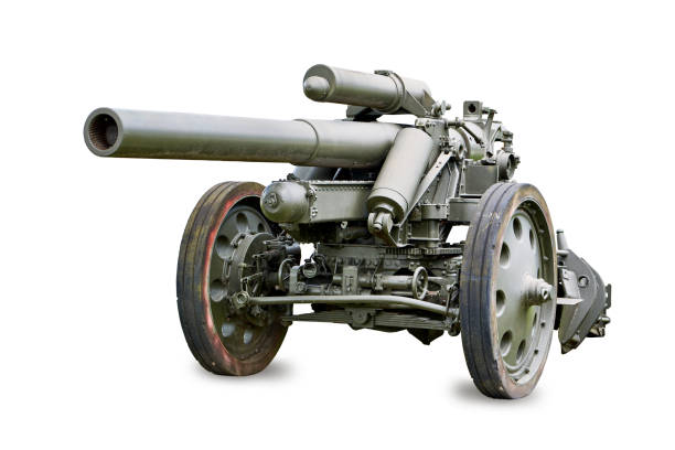 istock Artillery 150 mm howitzer gun isolated on white 2158224183