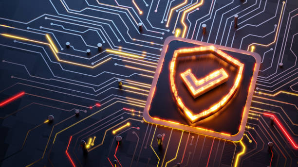 istock Security solutions concept. Glowing shield with arrow sign on the abstract main cpu on circuit board with light trails as data streaming symbol 2158224495