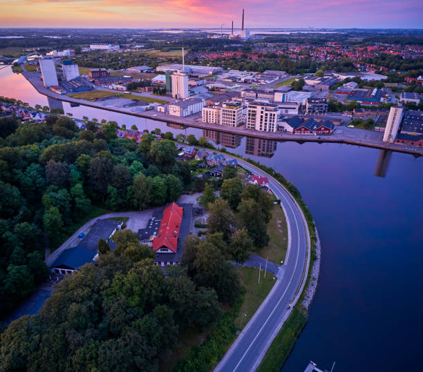 istock Aerial view of harbor at dusk 2158226605