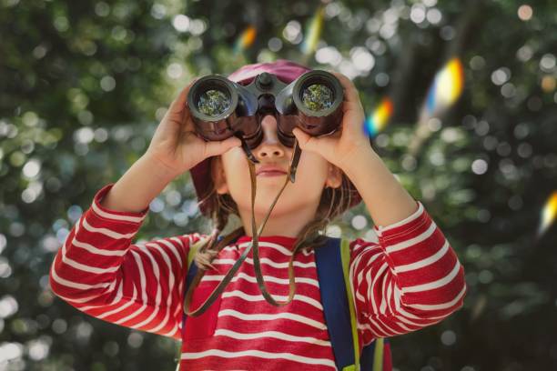 istock Little girl using binoculars in the forest 2158227931