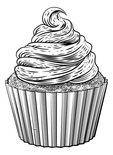 A cup cake or cupcake muffin with cream frosting in a vintage woodcut style