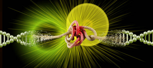An abstract representation of DNA strands unraveling and being bound by a tangled rope, all against a bright, glowing background.