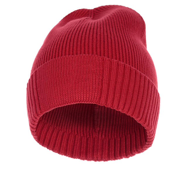 Packshot of a red knitted beanie hat isolated on a white background.