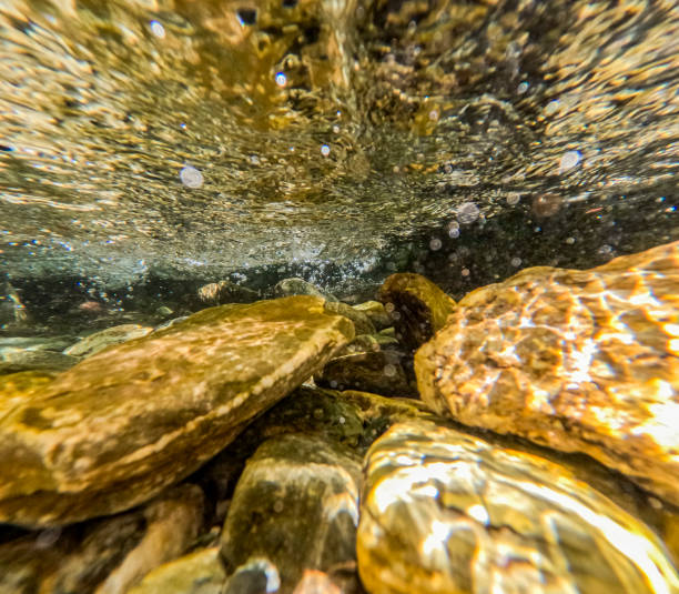 Underwater scene of waterfall basin and clean spring, with rocks shined by the sun and sunbeam coming from the water surface