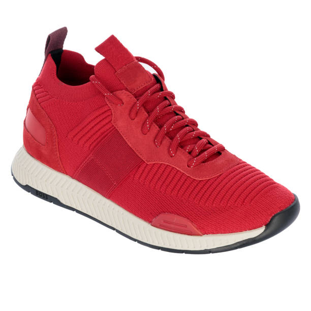 istock Red Athletic Knit Sneakers with Suede Accents 2158230888