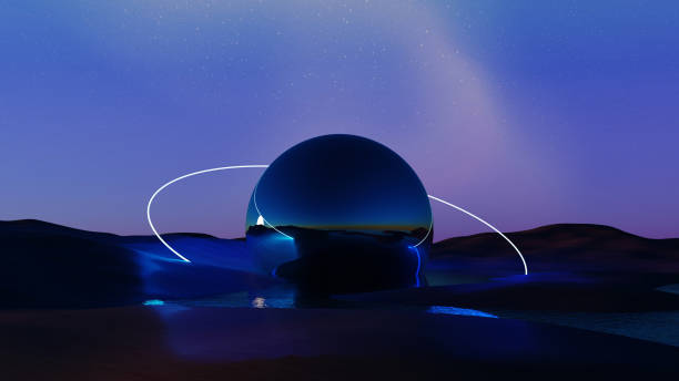 3D render, Surreal landscape metallic ball with neon circle glowing on dark nigh background, beautiful land and ocean scene.