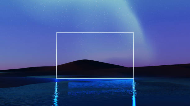 3D render, Surreal landscape square blue neon light portal on water surface, abstract fantasy gate on beautiful night sky background.