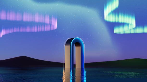 istock 3D render, Surreal landscape metallic arch portal with neon light on water surface and night sky background, fantasy scene. 2158231114