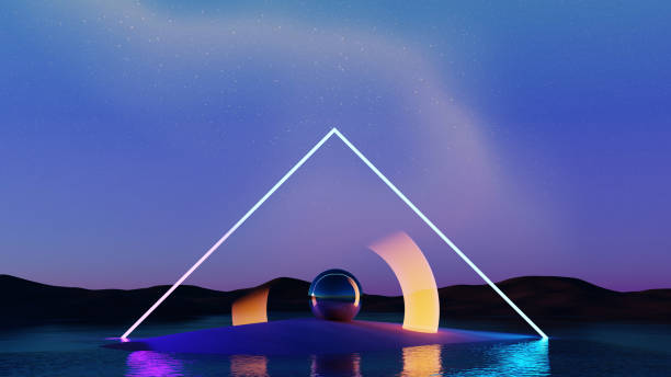 istock 3D render, Surreal landscape triangle neon light and reflection ball on water surface over aurora sky background, beautiful dreamlike scene. 2158231190