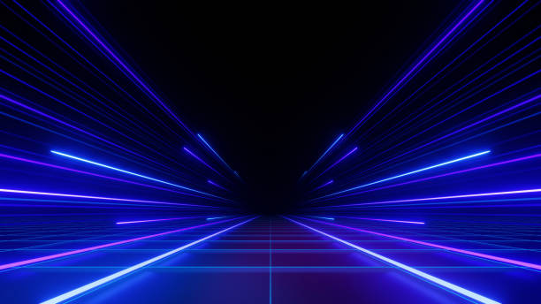 istock 3d Render, Blue purple speed light line through dark background, abstract fast highway patch, hyper speed warp in space. 2158231197