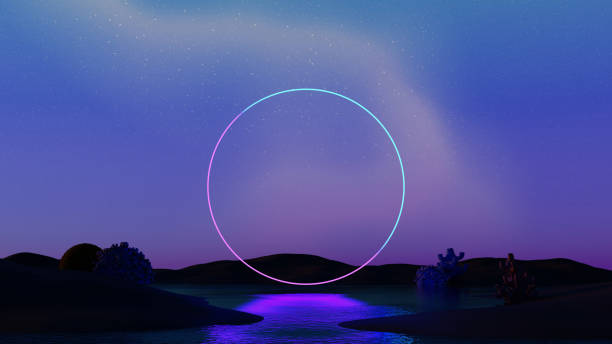 istock 3D render, Surreal landscape with glowing neon circle floating on  ocean and land with reflection of water, beautiful night sky background. 2158231213