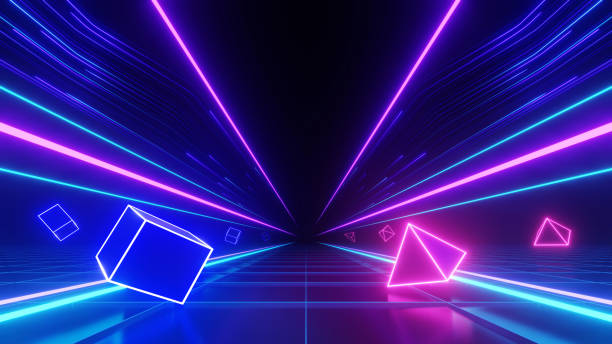 istock 3d render, Abstract futuristic speed neon light trail with floating cube and triangle on dark background, technology scene, colorful glowing light. 2158231247