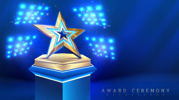 istock Elegant 3D star display stand with sparkling decoration and bright blue spotlights. Ideal for award ceremonies, celebrations and recognition events. Vector illustration. 2158231992