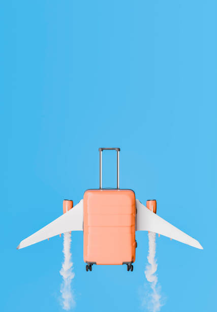 Suitcase with Airplane Wings Flying in Blue Background