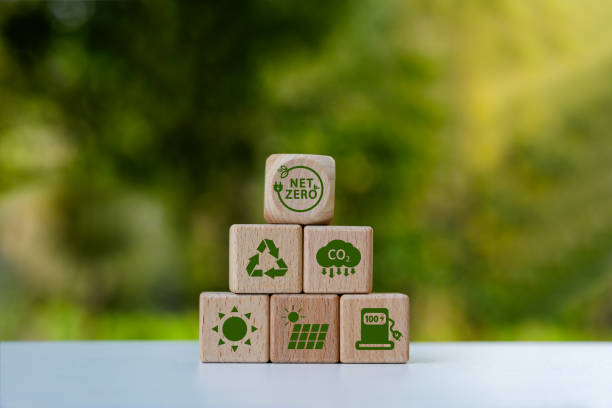 istock Neutral and net zero carbon concept, natural environment Long-term climate-neutral strategy There are wooden blocks with green icons and a green background in the forest. 2158233273