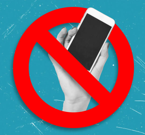 Modern art collage depicting phone ban, hand with phone, bans. Concept of phone ban.