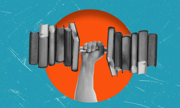 istock A human hand holding many books on a blue background. Modern art collage. 2158236883