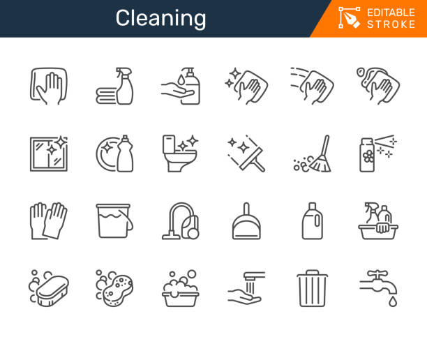Cleaning thin line icons. Editable stroke. Pixel perfect.