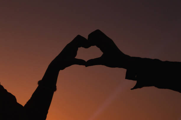 istock Silhouette couple hands raised up make heart shape on beautiful evening landscape background. concept making hand shaped heart symbol express love friendship and kindness towards lovers and friends. 2158240657