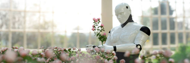 Conceptual robot android caring for and pruning roses in a large greenhouse 3d render