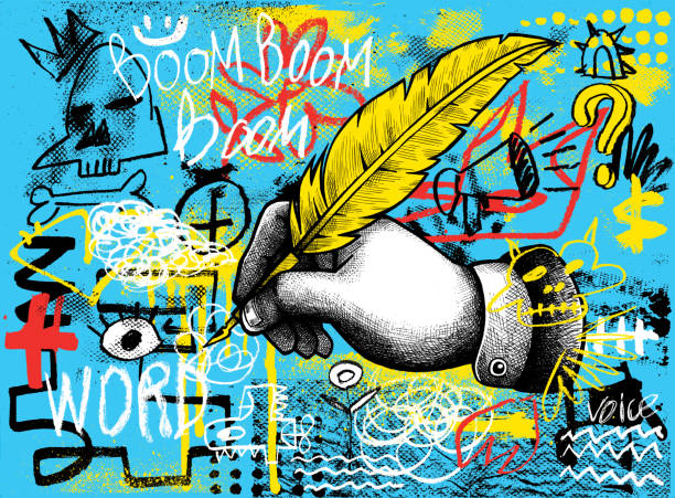 Quill Feather Pen in hand Quill pen in hand, writing concept, grunge art with design elements street art stock illustrations