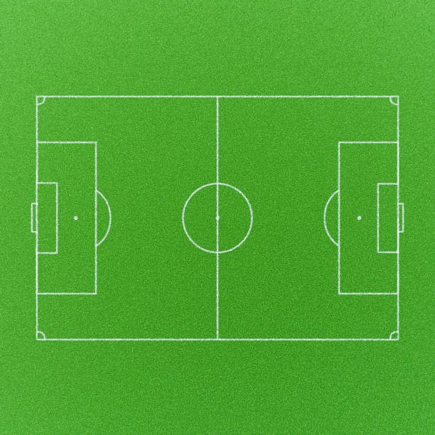 istock A soccer pitch with green grass and chalk markings from above with copy space - 3d render. Top view, tactics board 2158242906