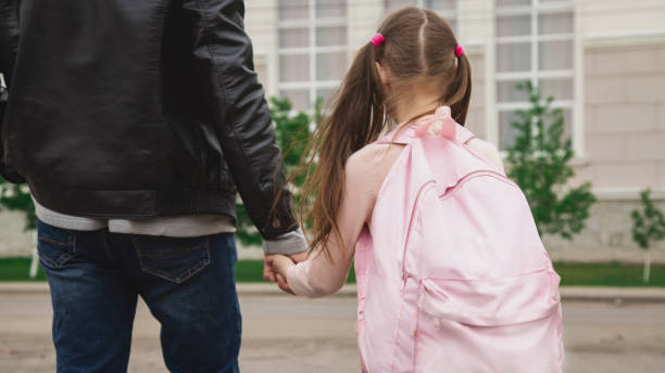 istock Back to school. Schoolgirl with backpack and father going to school first lesson holding hands back view close up. Man dad and daughter kid walking outdoor schoolyard 2158244953