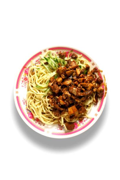 Plate of Jajangmyeon on a white background.