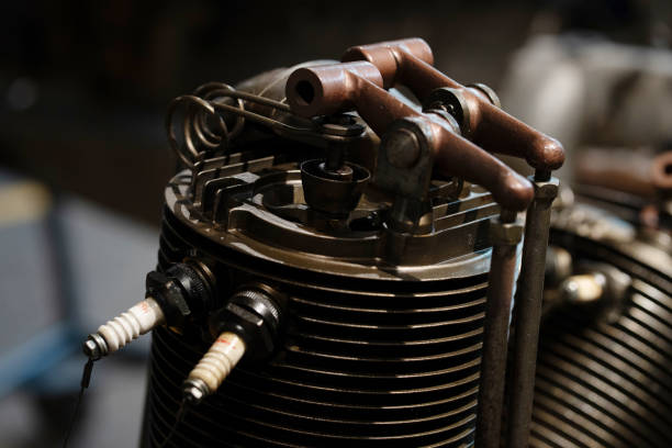 istock Old plane motor component, close up of vintage airplane engine 2158246465