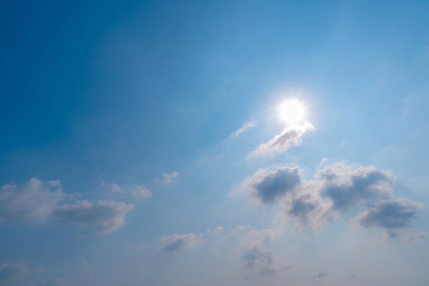 Panoramic view of clear blue sky and clouds, Blue sky background with tiny clouds. White fluffy clouds in the blue sky. Captivating stock photo featuring the mesmerizing beauty of the sky and clouds.