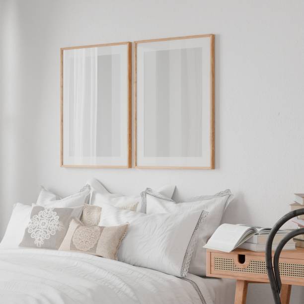 istock mockup bedroom cozy modern home interior, bed empty headboard wood pattern and wall background. room 3D rendering 2158248419