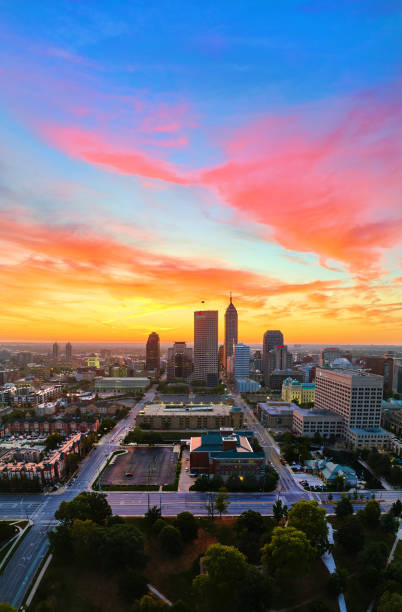istock Aerial Golden Hour Indianapolis Skyline Panorama at Sunset 2158251700