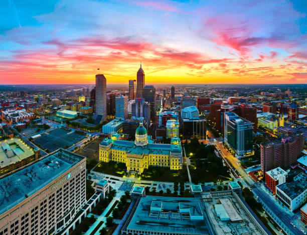 istock Panoramic Aerial Indianapolis Skyline at Sunrise with Capitol Dome 2158251701