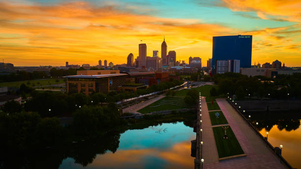 istock Aerial Indianapolis Skyline at Twilight with River Reflection 2158251709