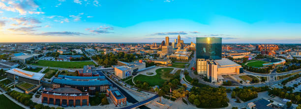 istock Aerial Panorama Indianapolis Skyline at Sunset with Stadium and Campus 2158251749