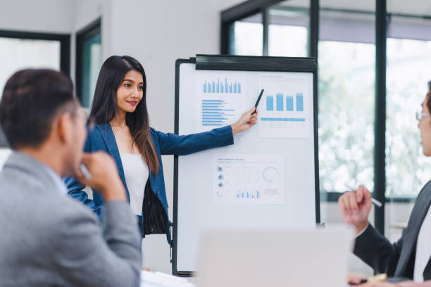 istock Confident businesswoman presenting data charts and graphs during an office meeting. 2158254591