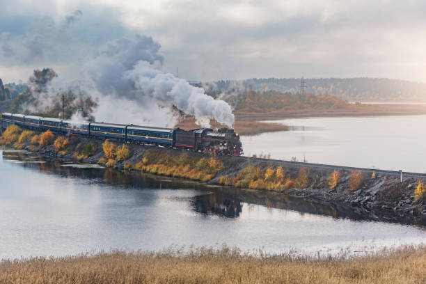 Old steam train with a lot of smoke coming from the chimney driving through the countryside in black and white. The black locomotive is pulling passenger carts.