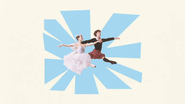 istock Contemporary art collage. Ballet dancers duo moving synchronously in dance, leaping in motion against abstract background 2158254730