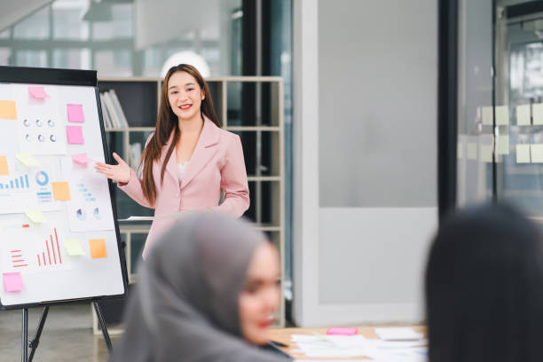 istock Confident businesswoman presenting data charts and graphs during an office meeting. 2158254827